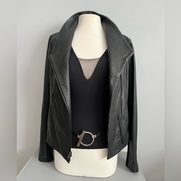 Vince Scuba Leather & Stretch Wool Panel Black Motto Jacket Womens L 8 - Picture 5 of 17